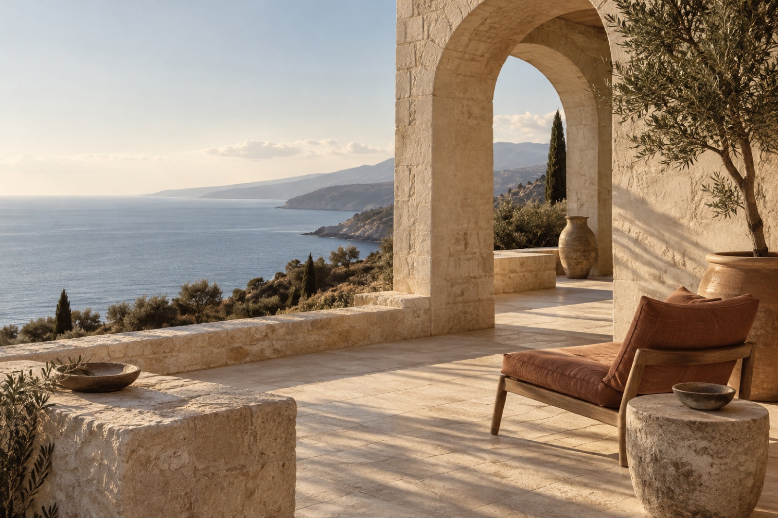 Sonnige mediterrane Terrasse mit Blick auf das Meer